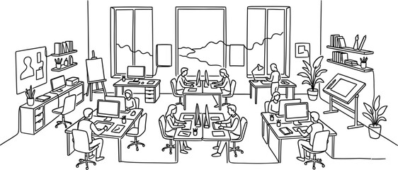 Obraz premium Black and white line drawing of a busy open plan office environment.
