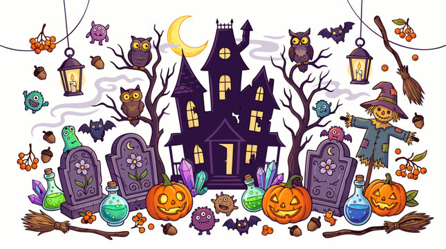 Halloween scene with haunted house, scarecrow, pumpkins, and spooky creatures
