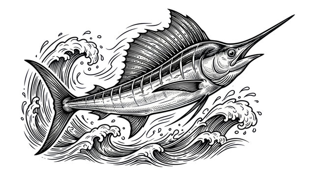 Large Sailfish Swimming in Ocean Waves.