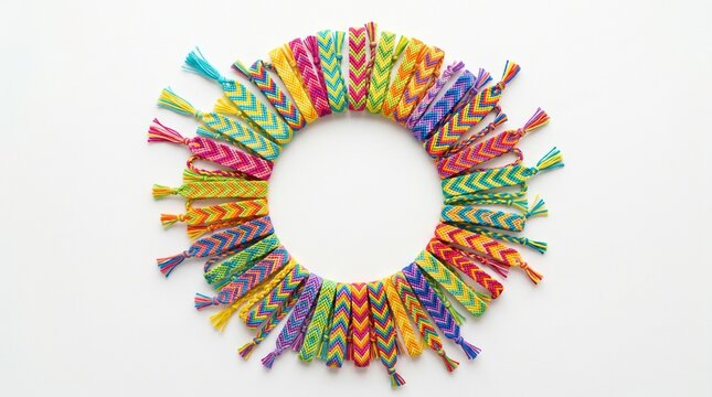 Colorful handmade friendship bracelets arranged in a circle isolated on white background