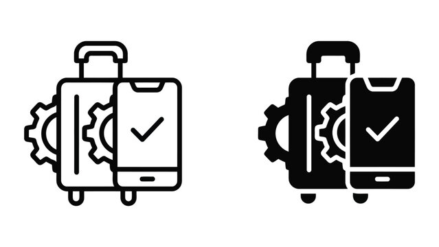 Travel suitcase and mobile app confirmation icon with gear settings representing automated baggage check-in and digital travel management in outline and solid black vector graphic styles
