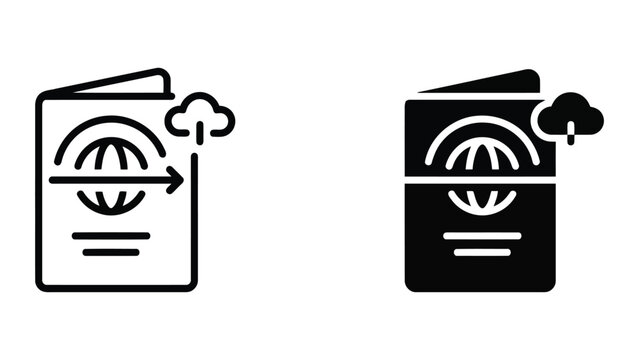 Passport document with world globe and cloud icon set in flat vector style for international travel identity and cloud based document storage and border security services design concepts