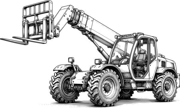Telehandler Forklift Vintage Engraving Style Black and White Material Handling Equipment Illustration
