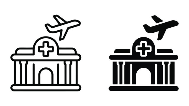 Medical hospital flight icon featuring building and airplane for air ambulance services and hospital transportation logistics in both outline and solid black graphic design styles