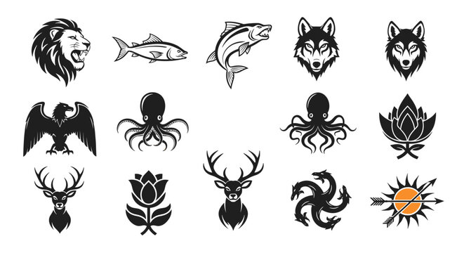 Set of black and white graphic logos representing diverse wildlife such as lions, wolves, eagles, and octopuses alongside floral and celestial symbols.