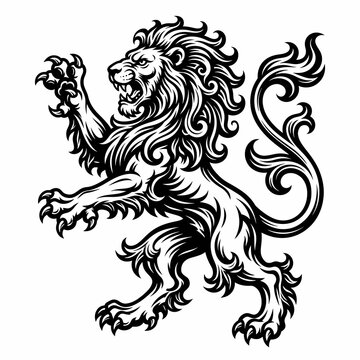 Heraldic Rampant Lion Black and White Tribal Vector Logo Illustration