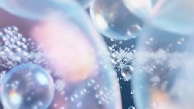 Iridescent bubbles float against a gradient background, shimmering with rainbow hues