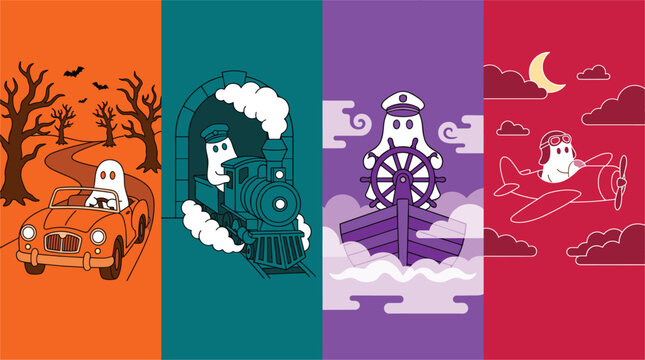 Halloween Ghost Transport and Travel Scene Vector Illustration Set with Ghost Driver Ghost Train Captain Ghost and Ghost Pilot for Card and Party Design