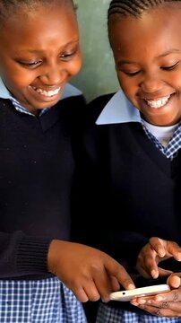 Vertical video: Smiling two kids sharing phone at school in uniform chalkboard behind watching clip