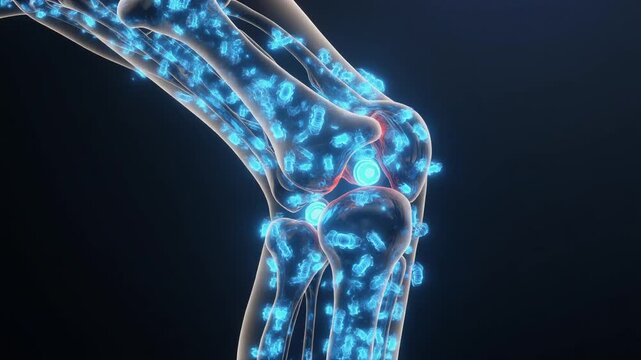 3D medical illustration of a human knee joint and bone anatomy with glowing blue particles representing cells or joint pain relief therapy.