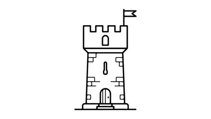 medieval castle tower icon with flag outline and stone turret sketch for history and fantasy, simple line art icon of a stone tower on white background © Giorgi