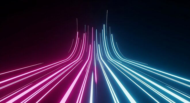 Abstract image of pink & blue glowing lines curving upwards, forming a futuristic design