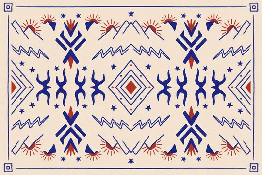 Hand drawn tribal pattern with blue and red geometric shapes, stylized mountains, suns, and stars on a light beige background, for textile