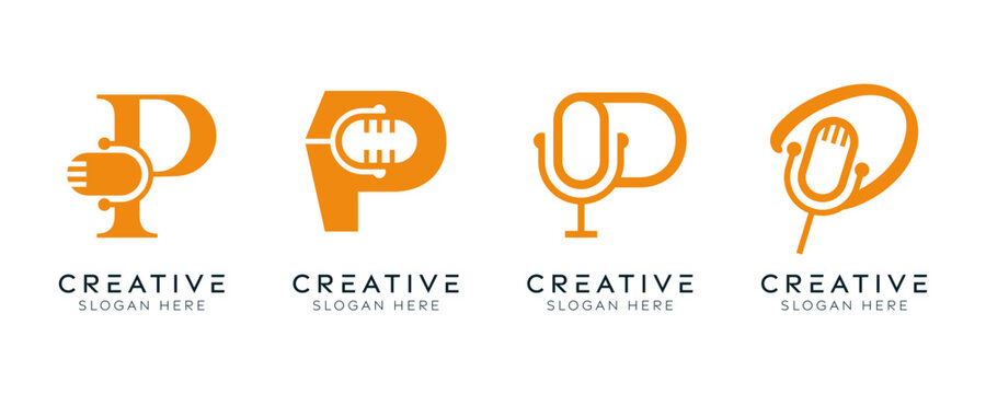 Set of initial letter P podcast logo design templates. Modern isolated letter P with mic elements designs.