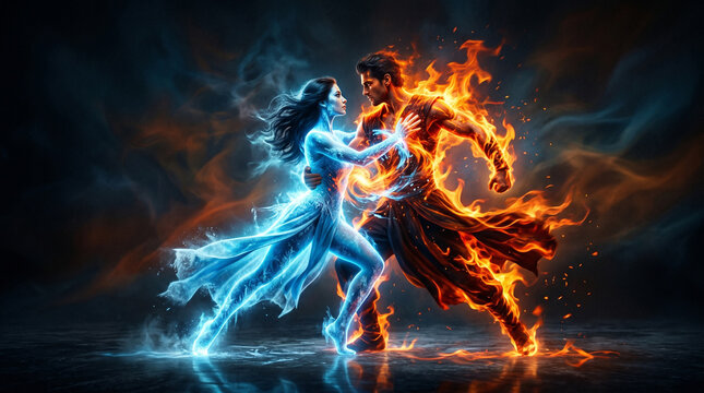 Passionate surreal dance of fire and ice: minimalist couple of man in orange flames and woman radiating blue frost light in dramatic confrontation
