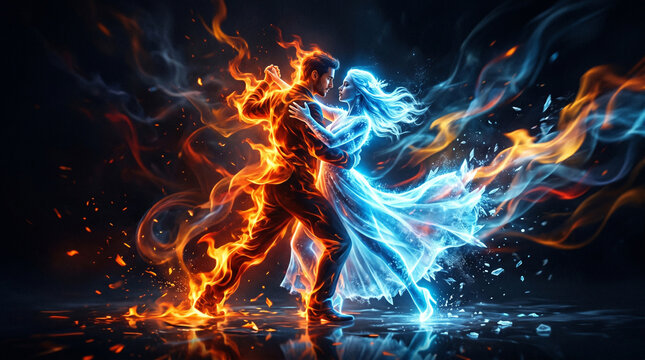 Passionate surreal dance of fire and ice: minimalist couple of man in orange flames and woman radiating blue frost light in dramatic confrontation