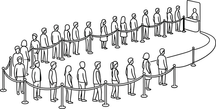 A long queue of people waiting in line at a service counter.