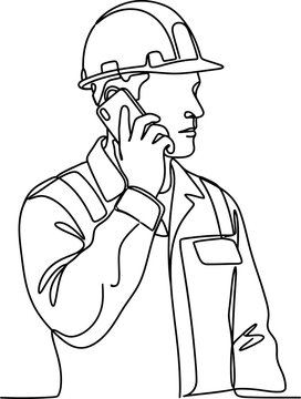 Continuous line drawing of a construction worker talking on a mobile phone.