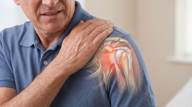 Senior man suffering from shoulder pain with holographic joint anatomy overlay. Mature patient holding injured painful shoulder,