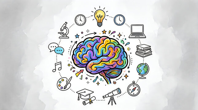 Vibrant brain illustration with educational icons