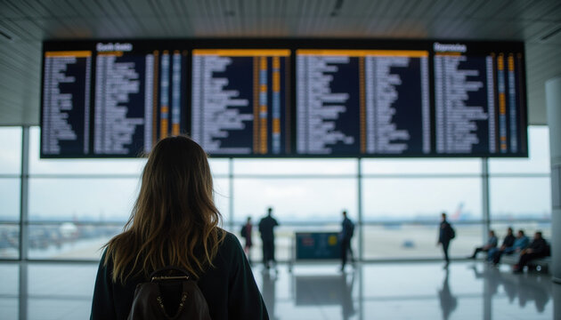 Rear view of female tourist looking at flight schedule board inside airport terminal. Travel and vacation concept.