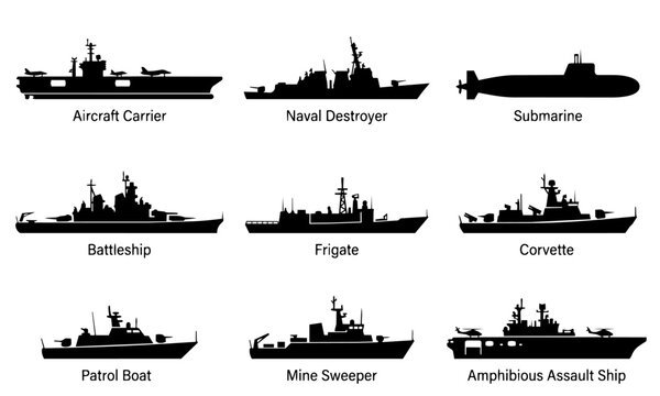 Naval military ships and submarines silhouette set vector illustration