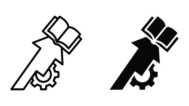 Open book with upward arrow and gear for process improvement and learning journey vector