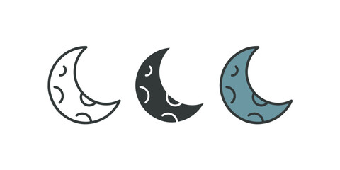 Naklejka premium Moon phase icon set with thin line filled and solid styles showing crescent moon surface with craters for night sky illustration.
