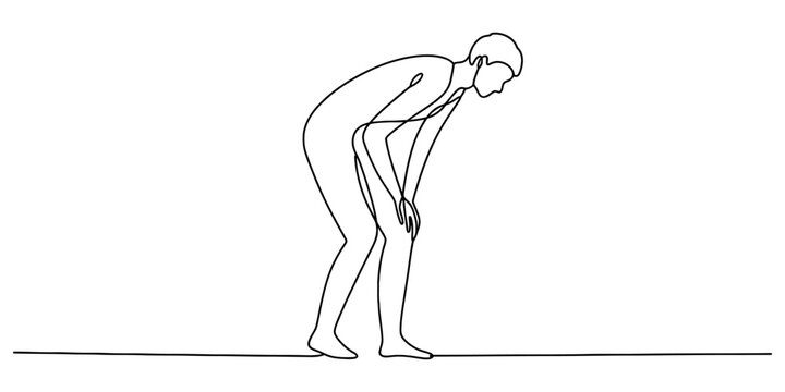 Continuous single line drawing of a tired man bending over and leaning on his knees