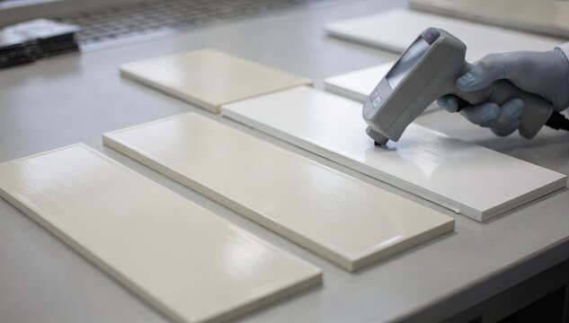 Closeup medium shot of semigloss panels being tested with an opacity meter to assess balanced hiding power and moderate surface glossiness.