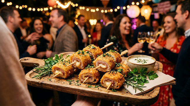 Crispy Chicken Cordon Bleu Bites on Skewers served at a Festive Social Gathering