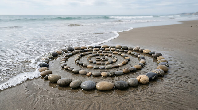 Intricate spiral arrangement of smooth stones on a wet sandy beach shoreline with gentle ocean waves lapping