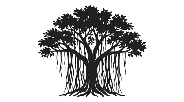 CAD tree lines Tree Black tree silhouette, banyan tree vector, tropical tree icon, roots and branches vector