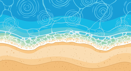 Top view of beach shoreline with turquoise ocean water ripples and white foam waves hitting sandy coast creating a summer vacation tropical background. © shamim