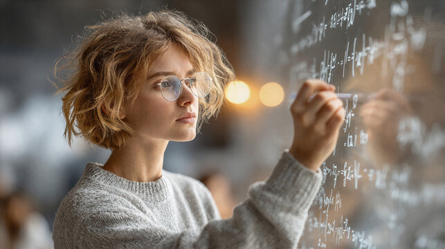 Young woman with glasses writing complex physics equations on a transparent board