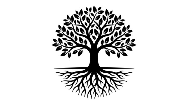 CAD tree lines Tree Tree of life, black silhouette, roots and leaves, eco symbol, nature icon vector