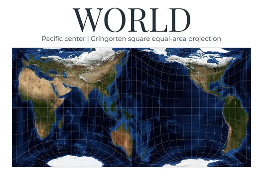 World map in Gringorten square equal-area projection. Pacific-centered view with detailed physical features. High-resolution global map. April View. Elements of this image furnished by NASA.