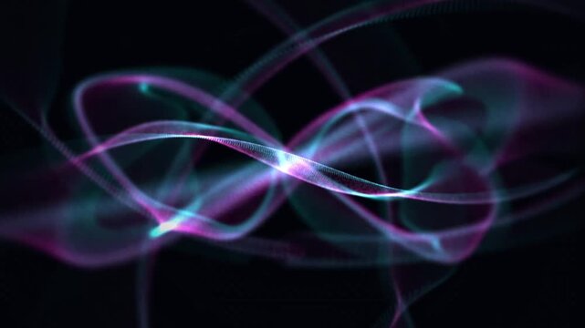 Abstract digital background with glowing particles forming an infinity shape in blue and purple neon light