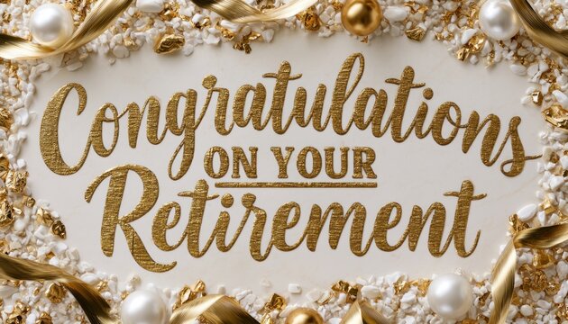 Gold foil congratulations on your retirement message with pearls and glitter