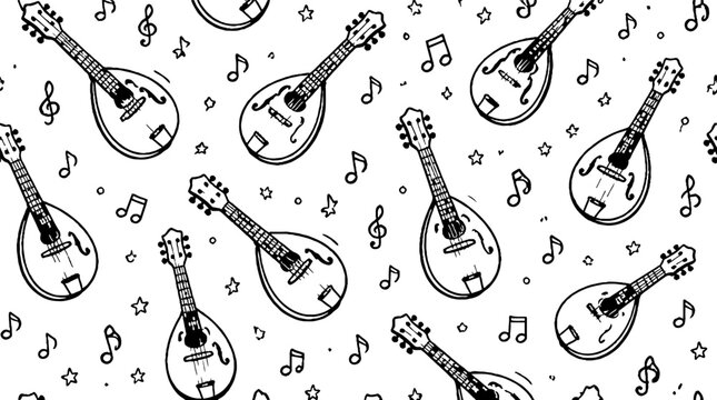 Black and white mandolin musical instrument pattern design.