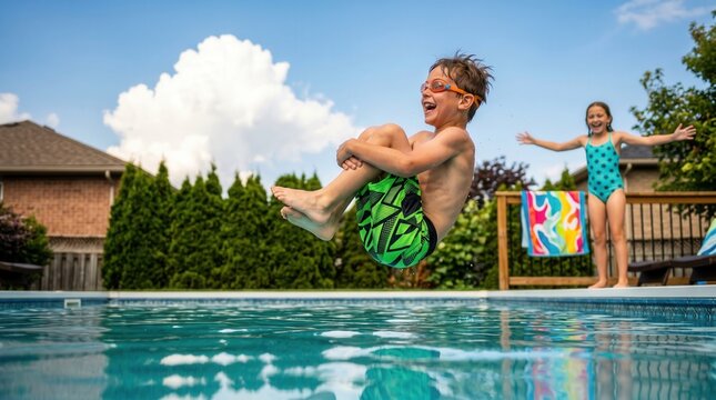Child Mid-Air Cannonball Jump into Sparkling Pool on a Bright Summer Afternoon