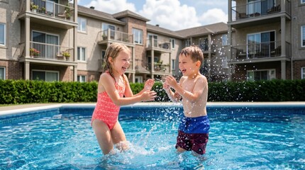 Naklejka premium Two Joyful Children Splashing in a Clean Sunlit Backyard Swimming Pool
