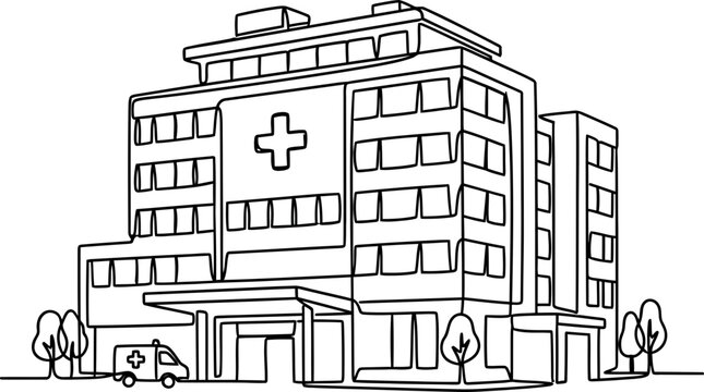 Continuous one line drawing of a modern hospital building with an ambulance.