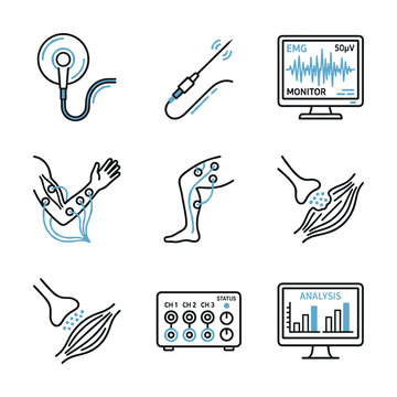Electromyography monitoring medical sensor icons set collection