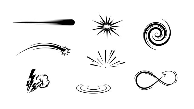 Lightning Bolt Icon and Abstract Energy Symbols with Swirl Target, Burst Rays, and Dynamic Motion Marks
