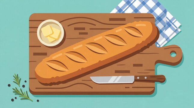Freshly Baked Baguette with Butter and Rosemary on a Wooden Cutting Board.