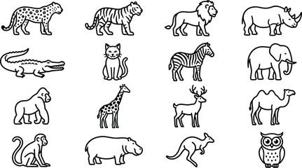 Fototapeta premium Wild and Domestic Animal Line Icon Set Featuring Mammals, Predators, and Birds for Educational Projects, Logos, and Graphic Designs