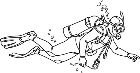 Continuous line drawing of a scuba diver swimming underwater. © barry