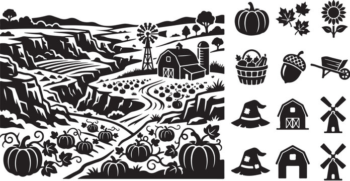 Harvest icons, farm symbols, black vector illustrations, rural landscape
