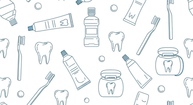 Dental hygiene pattern background with teeth, toothbrushes, toothpaste tubes, dental floss containers and mouthwash bottle illustration.